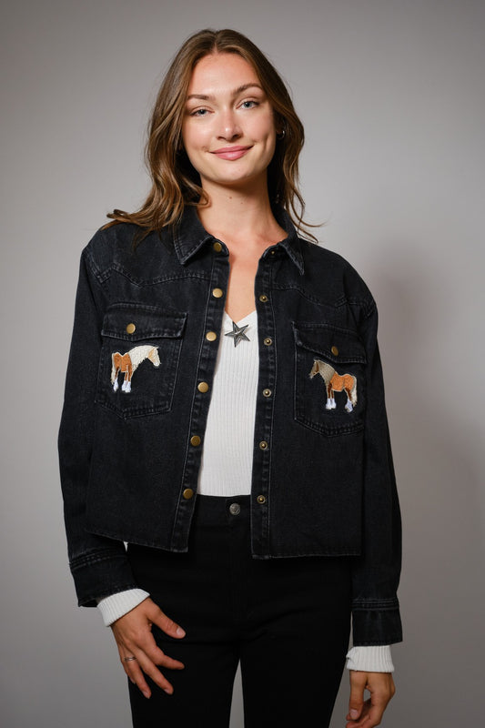 Horse Embroidered Cropped Denim Shirt