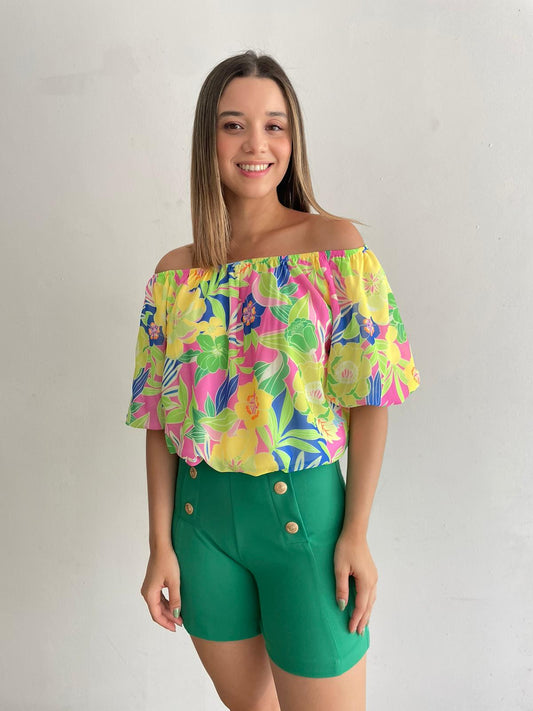 Blusa off shoulder estampada