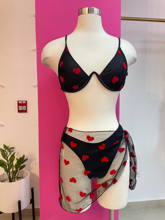 HEART PRINT WITH SKIRT BIKINI SWIMSUIT