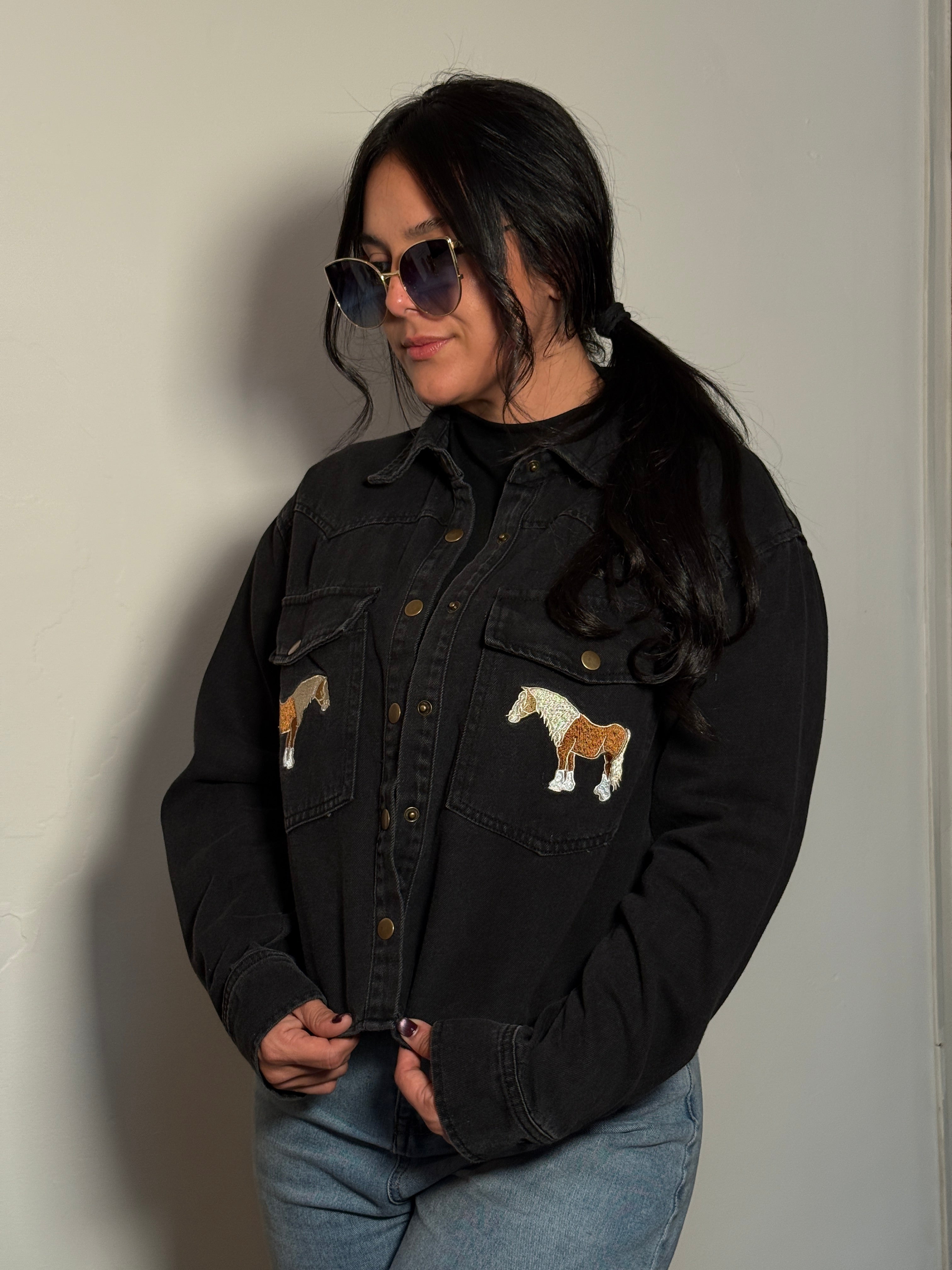 Horse Embroidered Cropped Denim Shirt